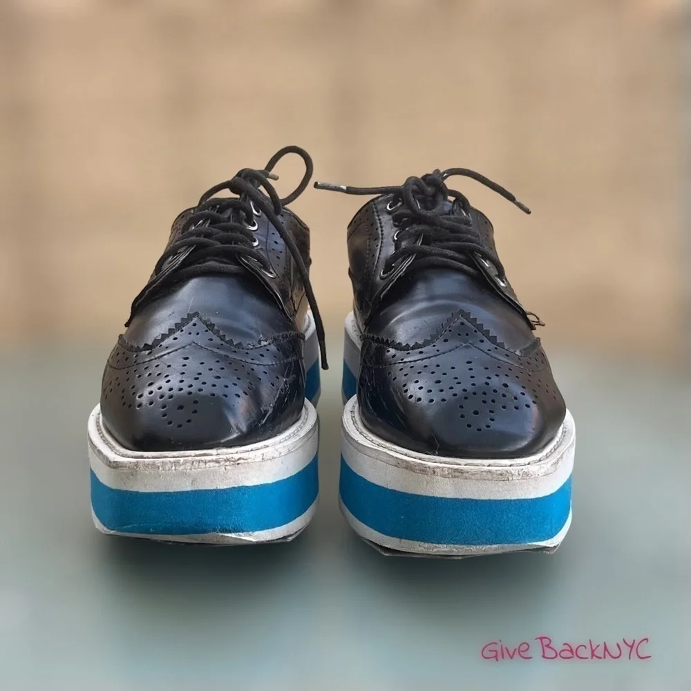 Wingtip Platform Brogues Black White Blue Stripes Size 8